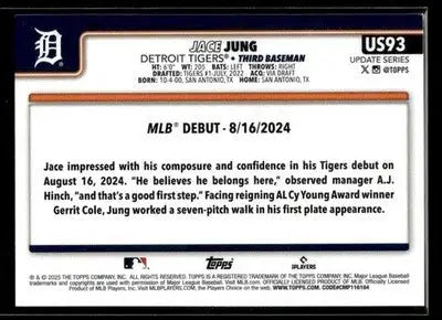 2025 Topps Update Jace Jung #US93 Detroit Tigers