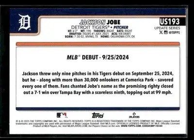 2025 Topps Update Jackson Jobe #US193 Detroit Tigers