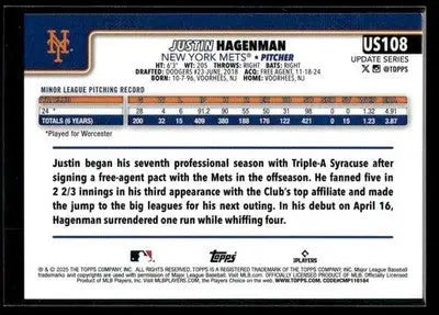 2025 Topps Update Justin Hagenman #US108 RC New York Mets