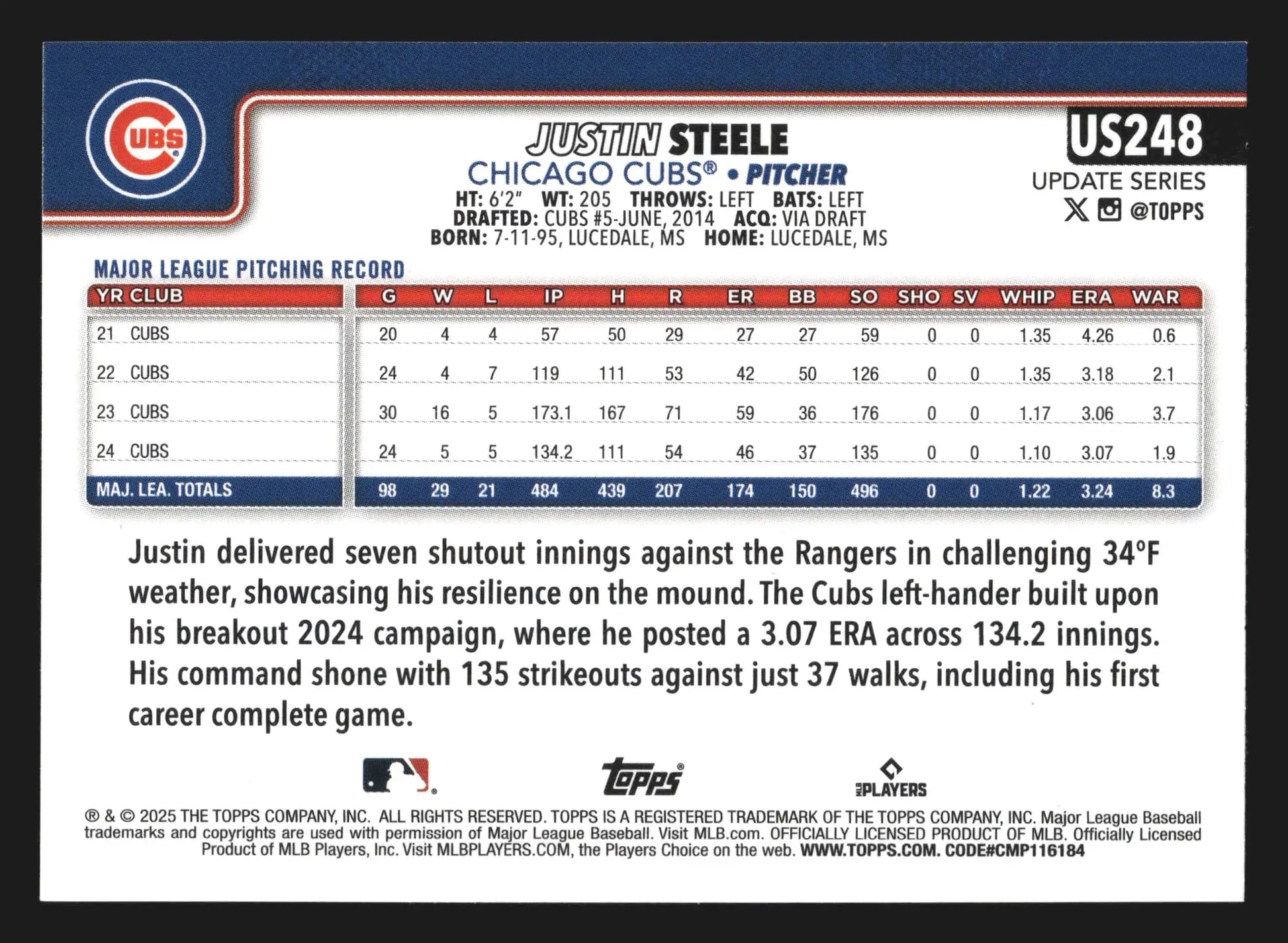 2025 Topps Update Justin Steele #US248 Chicago Cubs - Baseball Card Single