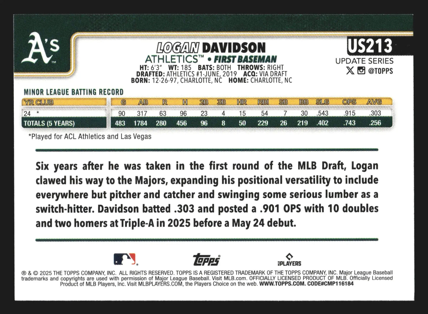 2025 Topps Update Logan Davidson #US213 RC Athletics - Baseball Card Single