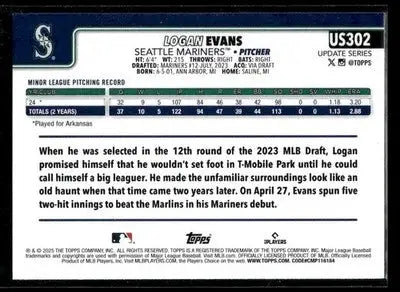 2025 Topps Update Logan Evans #US302 RC Seattle Mariners