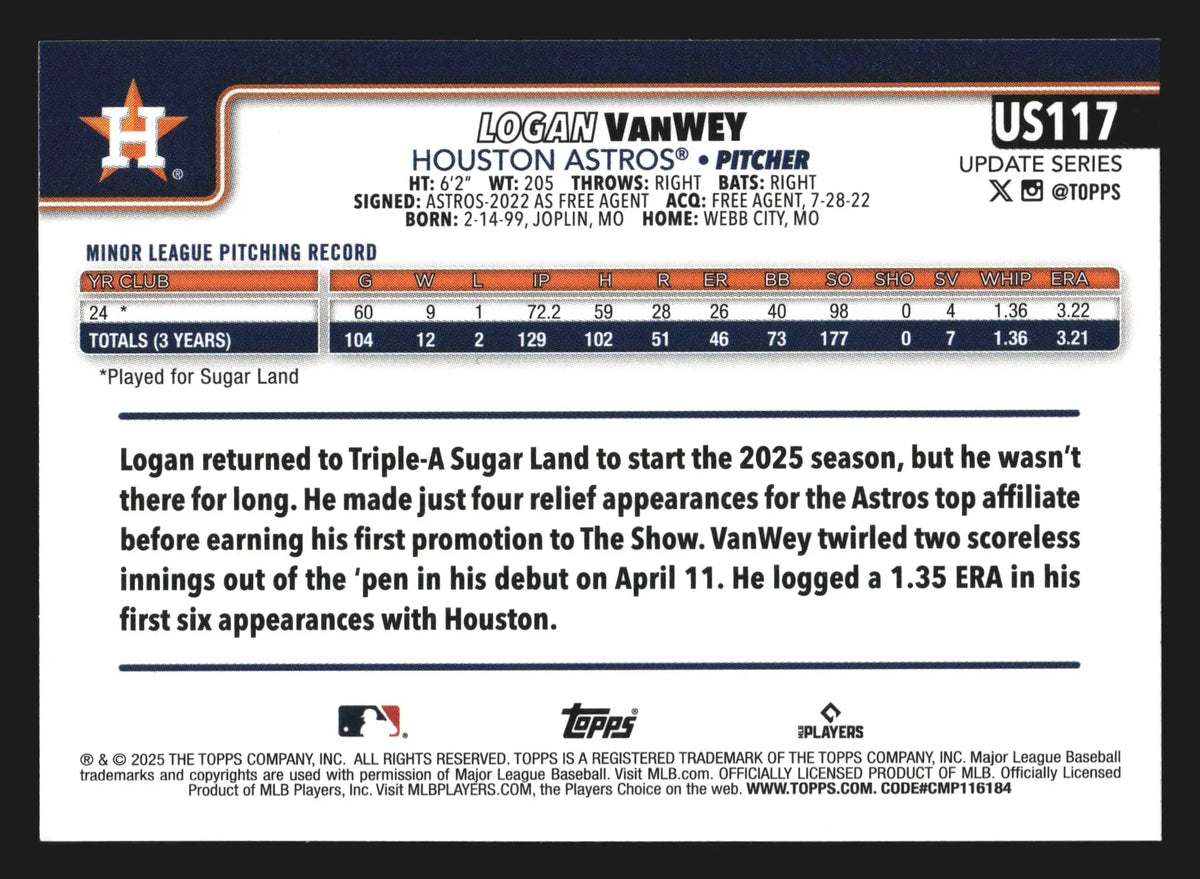 2025 Topps Update Logan VanWey #US117 Houston Astros RC - Baseball Card Single