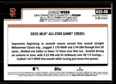 2025 Topps Update Logan Webb #ASG-48 2025 All-Star Game San Francisco Giants