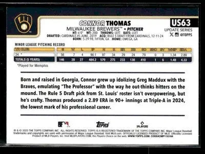 2025 Topps Update - Topps Logo Foil Connor Thomas #US63 RC Milwaukee Brewers