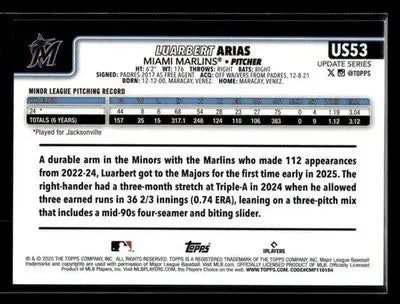 2025 Topps Update Luarbert Arias #US53 RC Miami Marlins