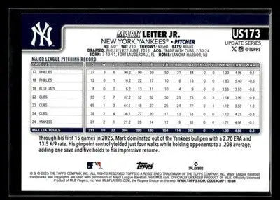 2025 Topps Update Mark Leiter Jr. #US173 New York Yankees
