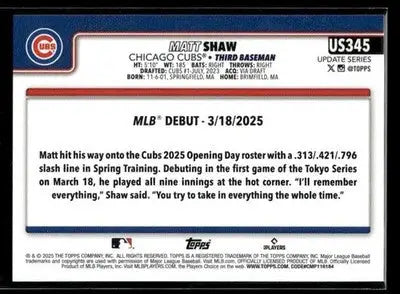 2025 Topps Update Matt Shaw #US345 Chicago Cubs