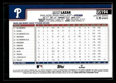 2025 Topps Update Max Lazar #US194 RC Philadelphia Phillies