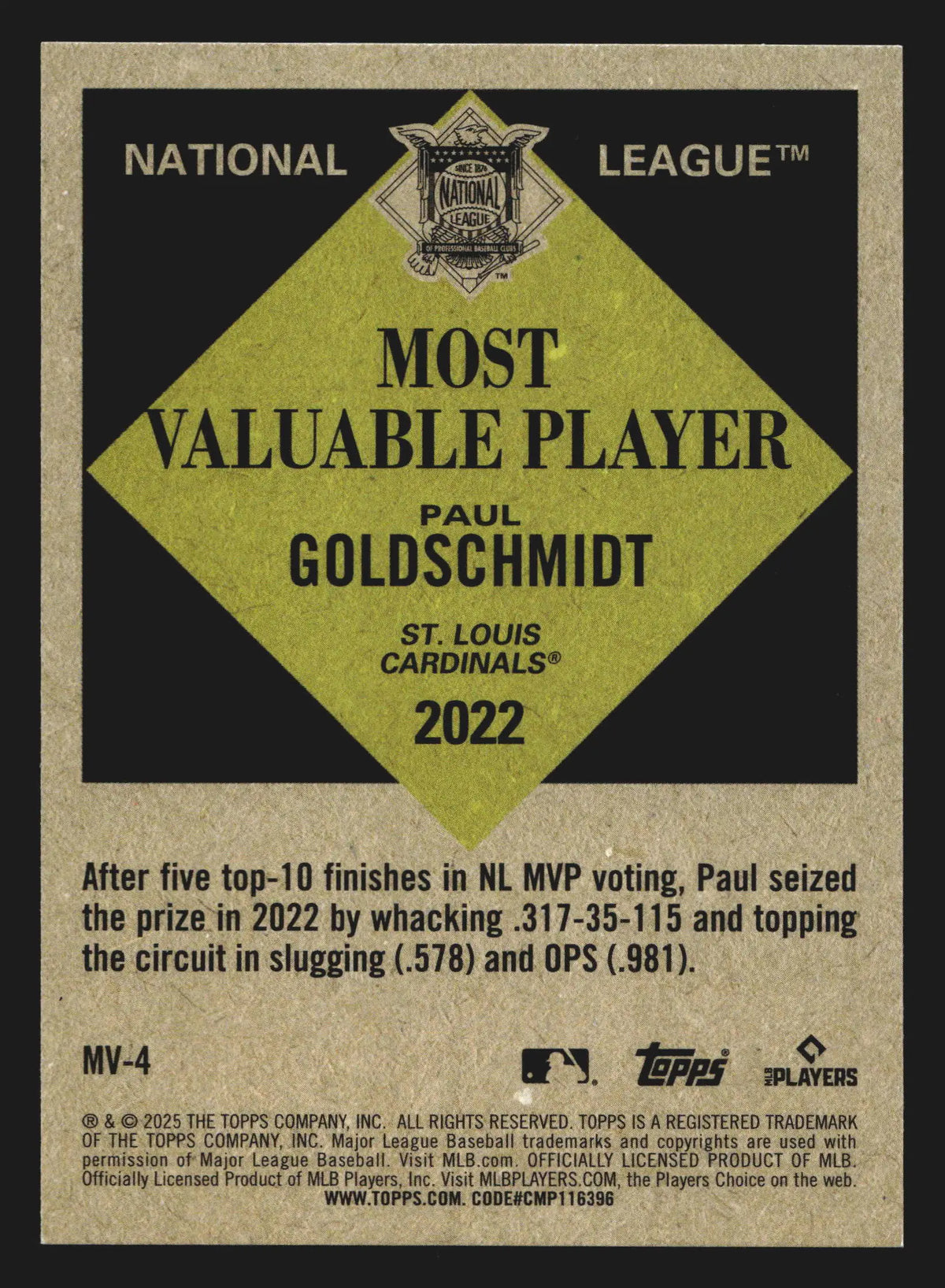 2025 Topps Update Paul Goldschmidt #MV-4 Most Valuable Player Cardinals - Baseball Card Single