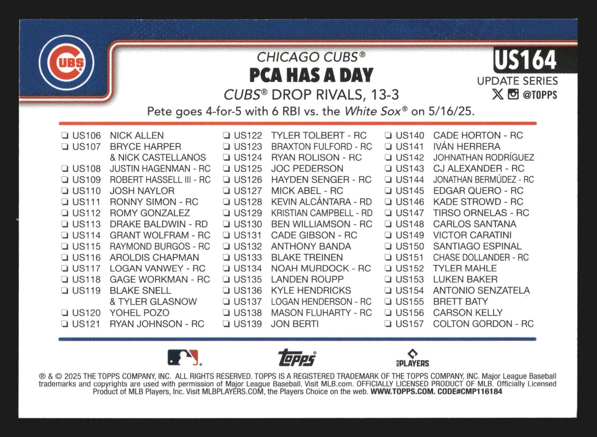 2025 Topps Update Pete Crow-Armstrong #US164 PCA Has A Day Cubs - Baseball Card Single