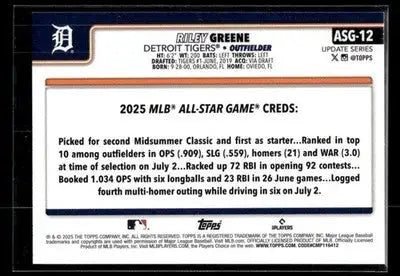 2025 Topps Update Riley Greene #ASG-12 2025 All-Star Game Detroit Tigers