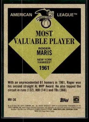 2025 Topps Update Roger Maris #MV-36 Most Valuable New York Yankees