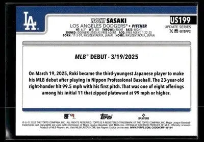 2025 Topps Update Roki Sasaki #US199 Los Angeles Dodgers