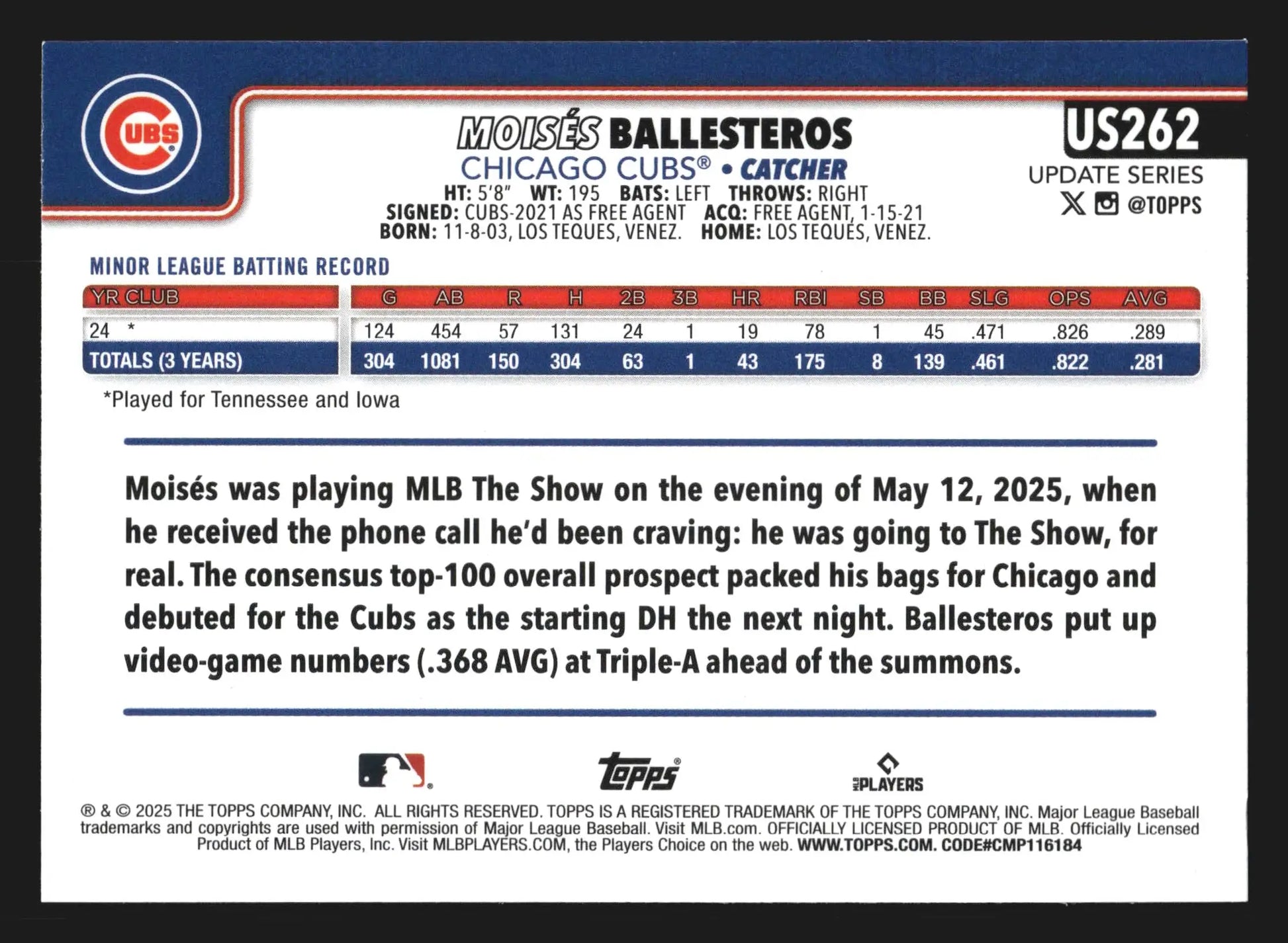 2025 Topps Update Series #US262 Moises Ballesteros RC Chicago Cubs - Baseball Card Single