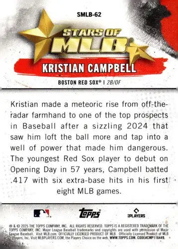 2025 Topps Update Stars of MLB #SMLB-62 Kristian Campbell NM-MT Red Sox ID:80382 - Baseball Card Single