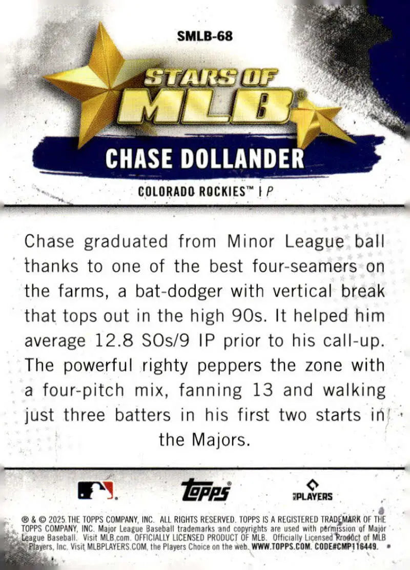 2025 Topps Update Stars of MLB #SMLB-68 Chase Dollander NM-MT Rockies ID:79998 - Baseball Card Single