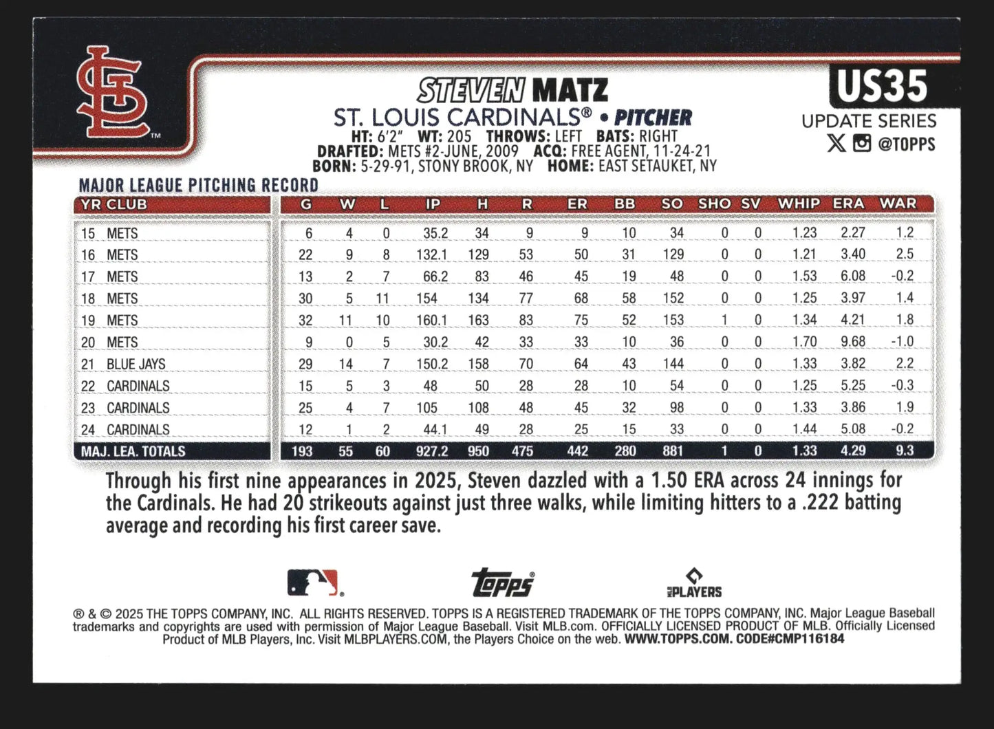 2025 Topps Update Steven Matz #US35 St. Louis Cardinals - Baseball Card Single
