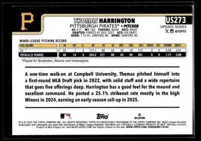 2025 Topps Update Thomas Harrington #US273 RC Pittsburgh Pirates
