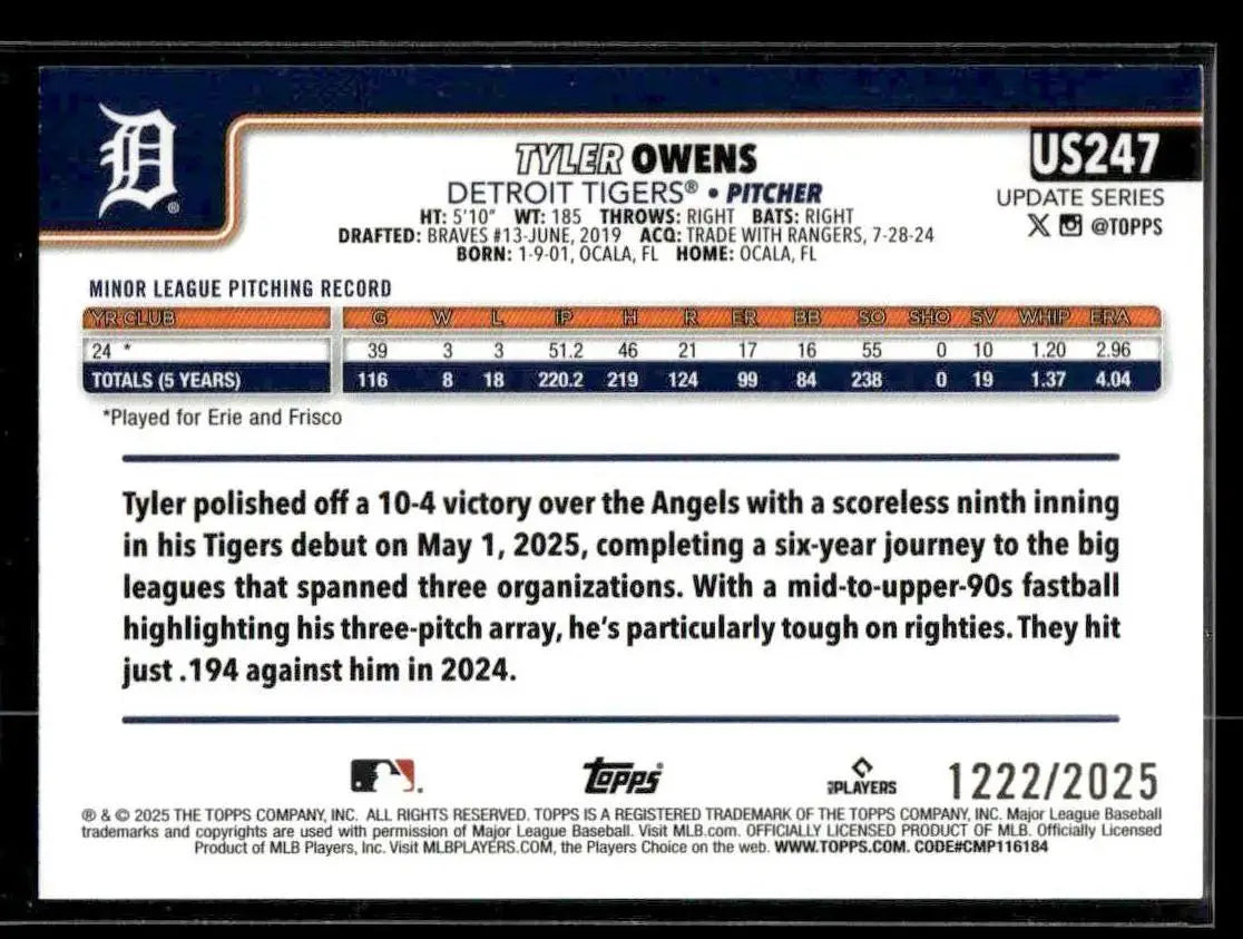 2025 Topps Update Tyler Owens #US247 Gold SN,RC #/2025 Detroit Tigers