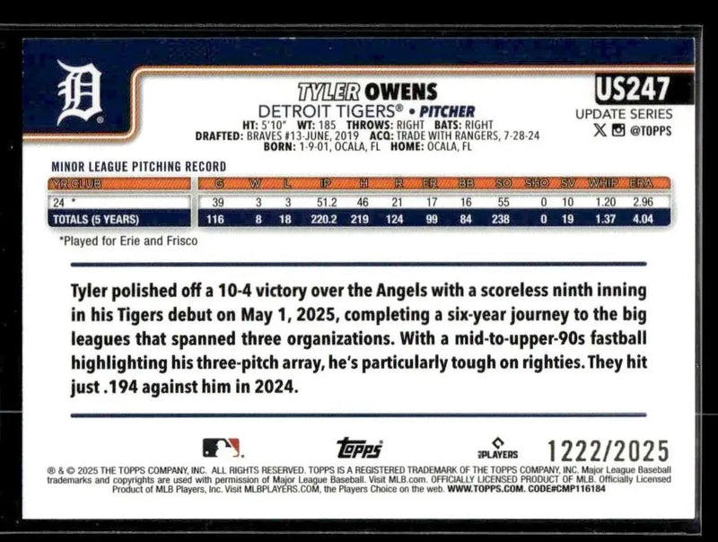 2025 Topps Update Tyler Owens #US247 Gold SN,RC #/2025 Detroit Tigers