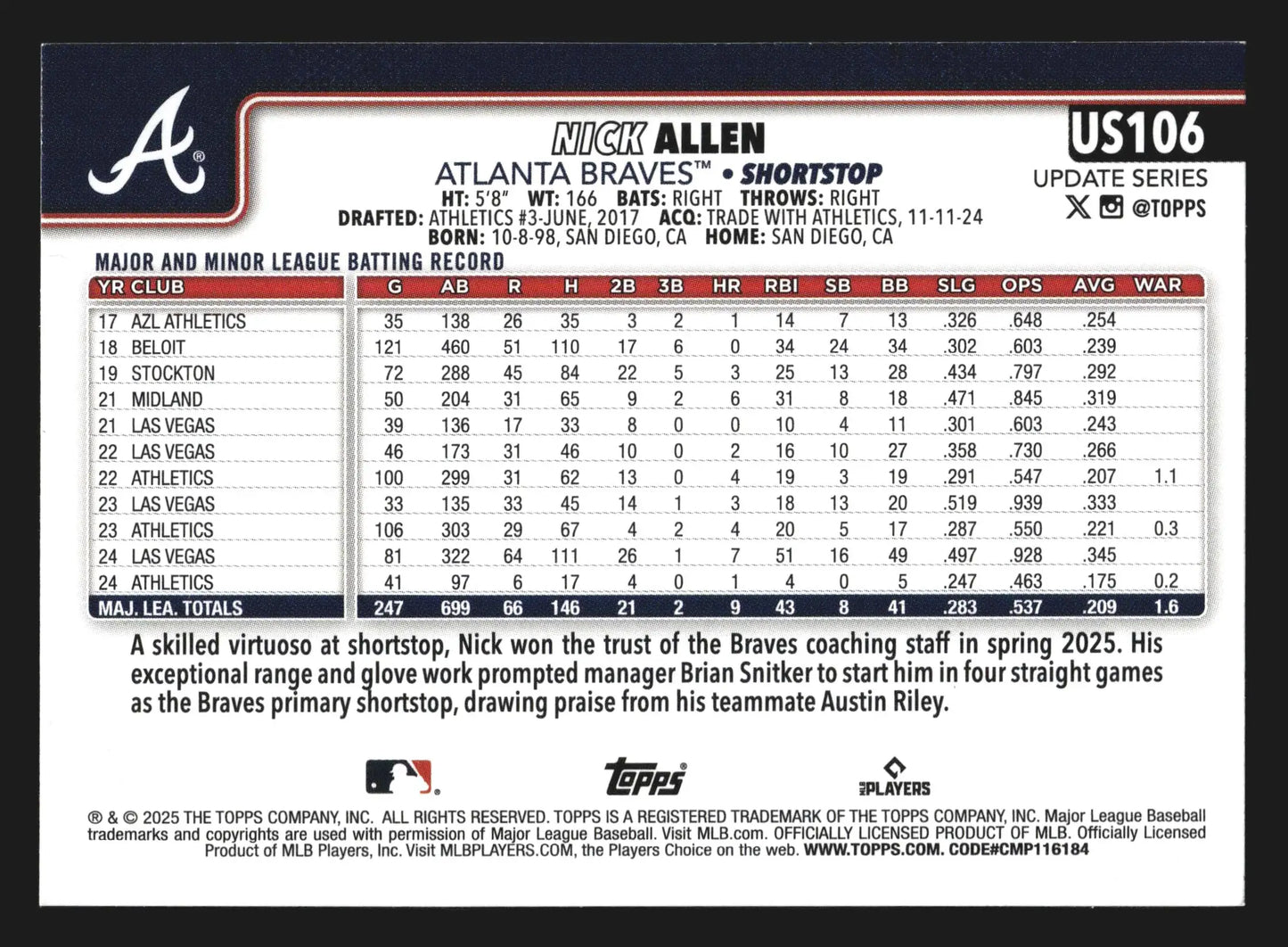 2025 Topps Update #US106 Nick Allen Atlanta Braves Gold Glove Finalist