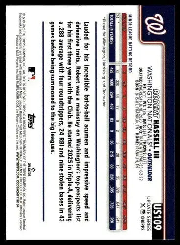2025 Topps Update #US109 Robert Hassell III NM-MT RC Rookie Nationals ID:80427 - Baseball Card Single