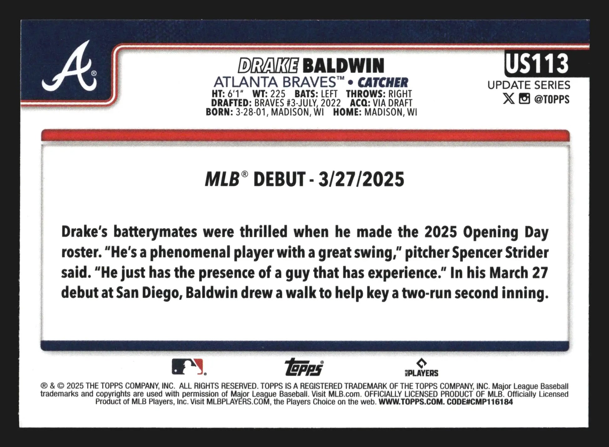 2025 Topps Update #US113 Drake Baldwin Braves RC Rookie Debut