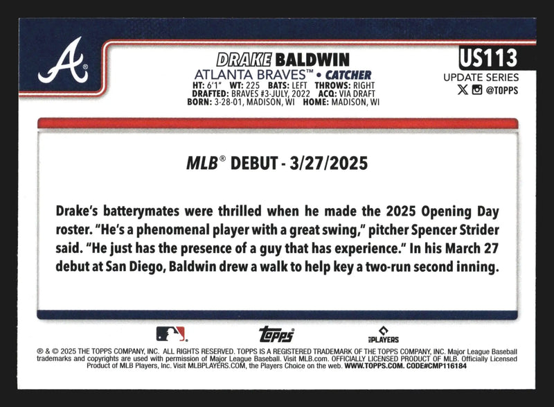 2025 Topps Update #US113 Drake Baldwin Braves RC Rookie Debut