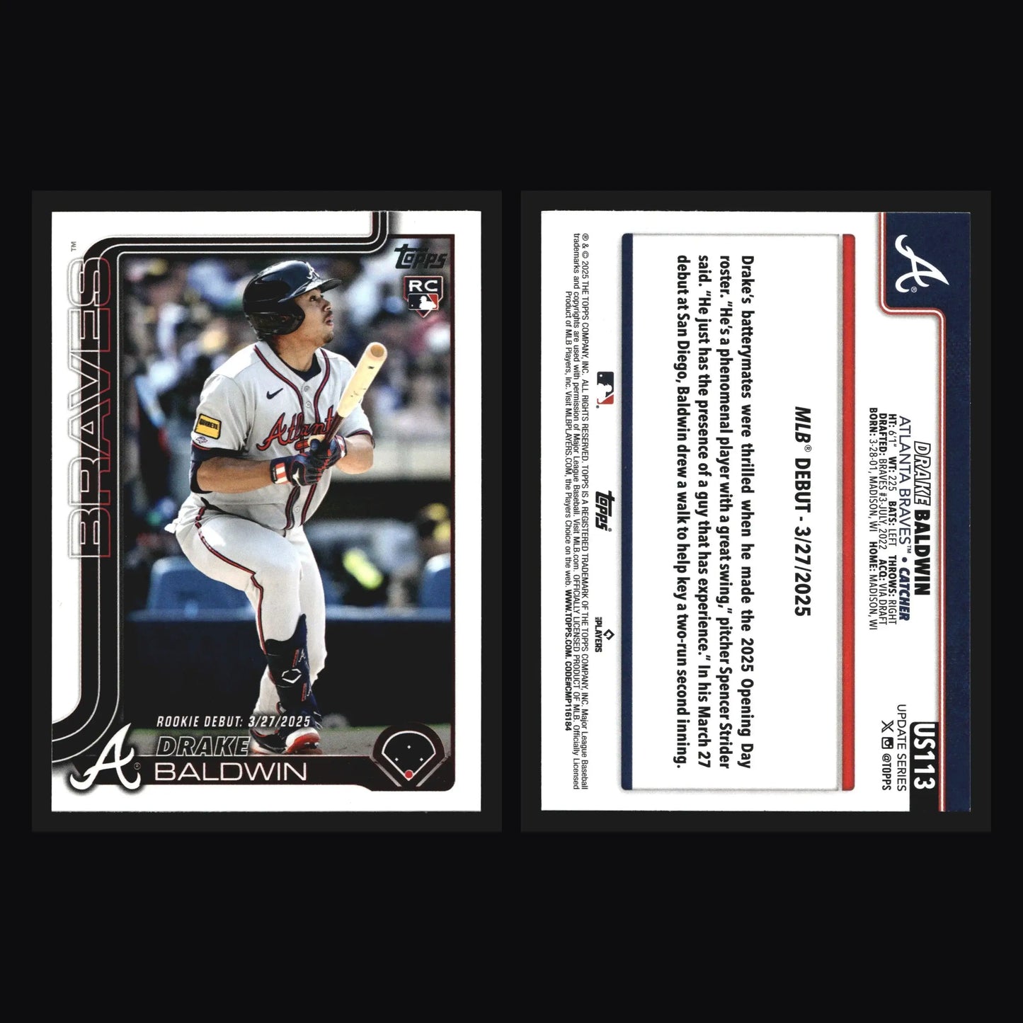 2025 Topps Update #US113 Drake Baldwin Braves RC Rookie Debut