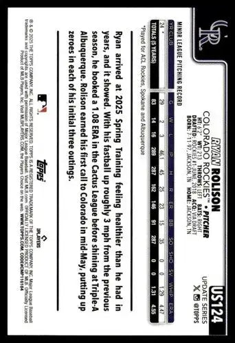 2025 Topps Update #US124 Ryan Rolison NM-MT RC Rookie Rockies ID:80431 - Baseball Card Single