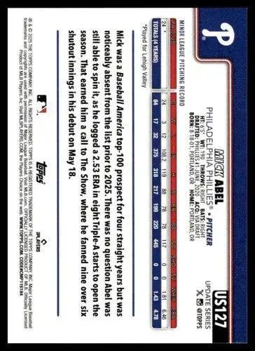 2025 Topps Update #US127 Mick Abel NM-MT RC Rookie Phillies ID:80433 - Baseball Card Single