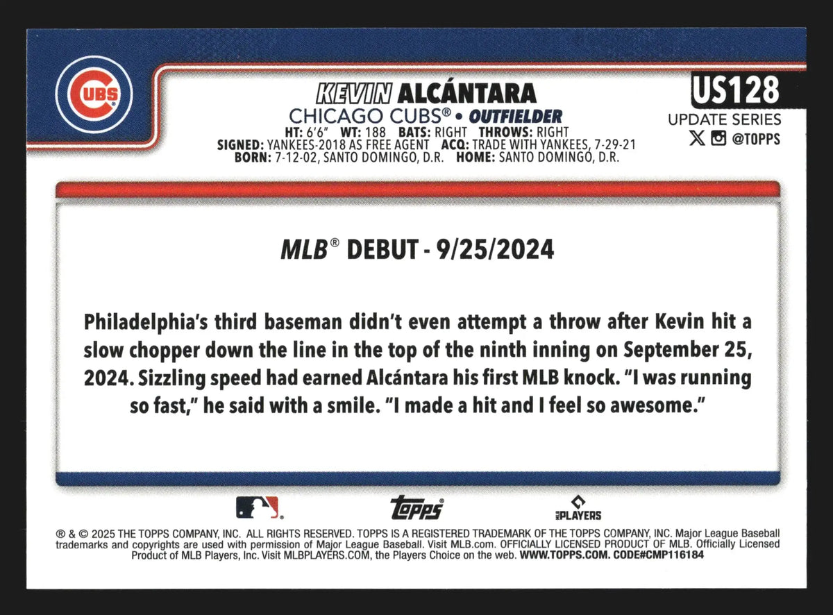 2025 Topps Update #US128 Kevin Alcantara Rookie Debut RC Chicago Cubs - Baseball Card Single