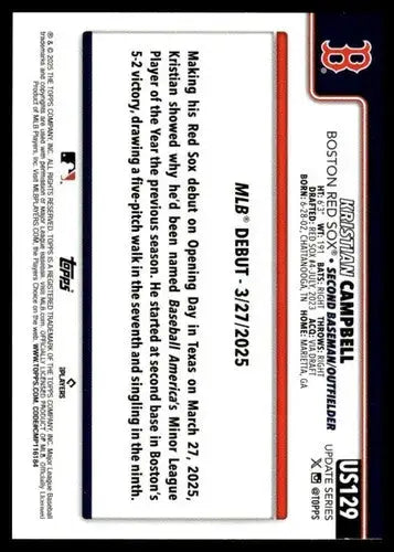 2025 Topps Update #US129 Kristian Campbell NM-MT Red Sox Rookie Debut ID:80434 - Baseball Card Single