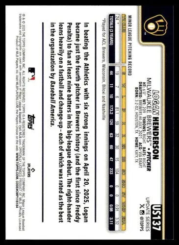 2025 Topps Update #US137 Logan Henderson NM-MT RC Rookie Brewers ID:80022 - Baseball Card Single