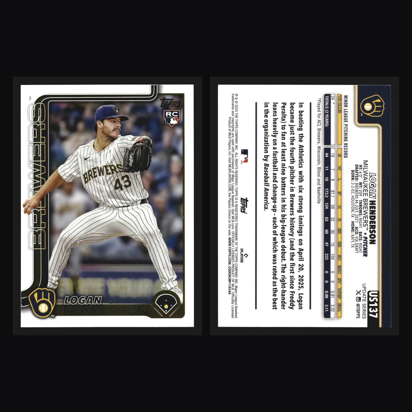 2025 Topps Update #US137 Logan Henderson RC Milwaukee Brewers - Baseball Card Single