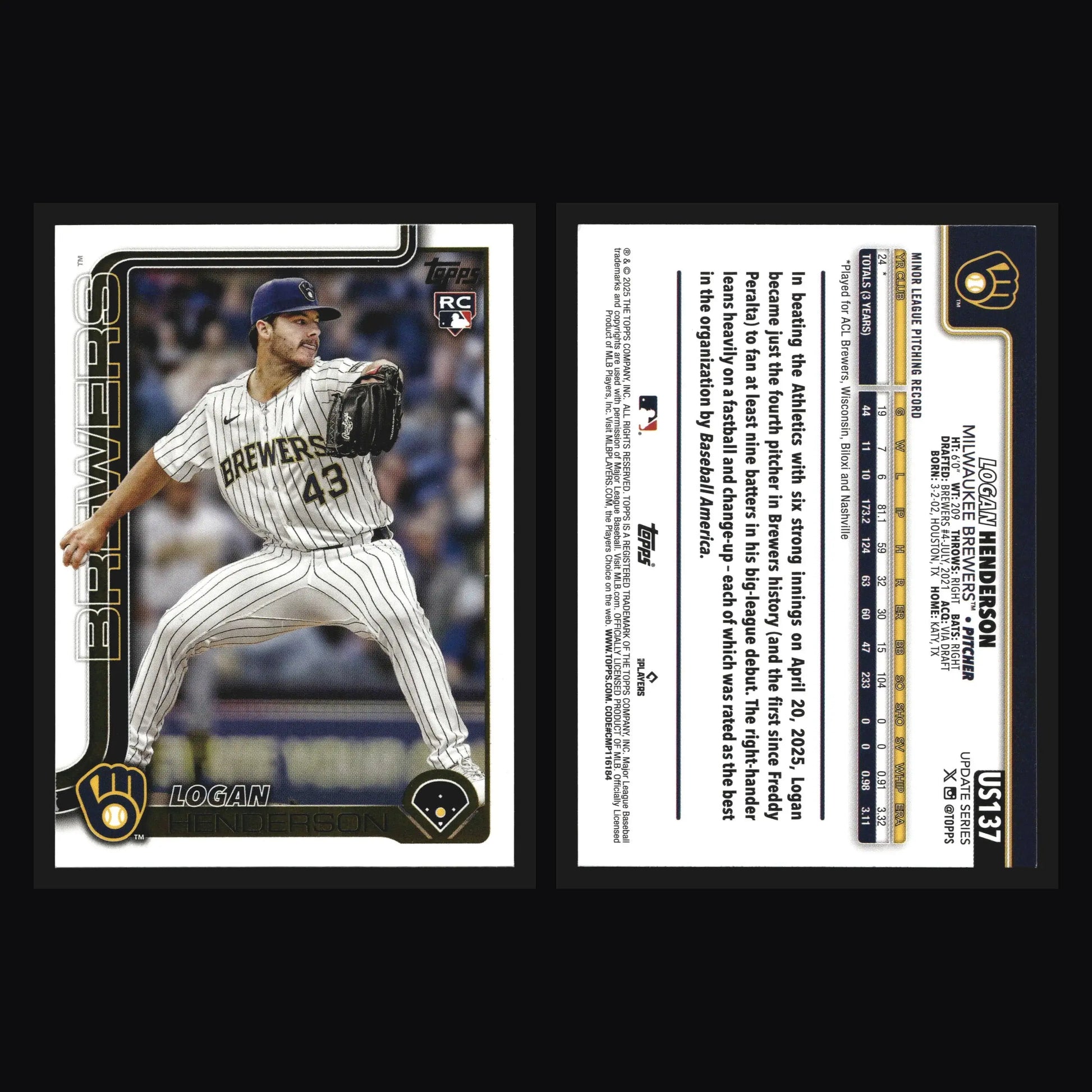 2025 Topps Update #US137 Logan Henderson RC Milwaukee Brewers - Baseball Card Single