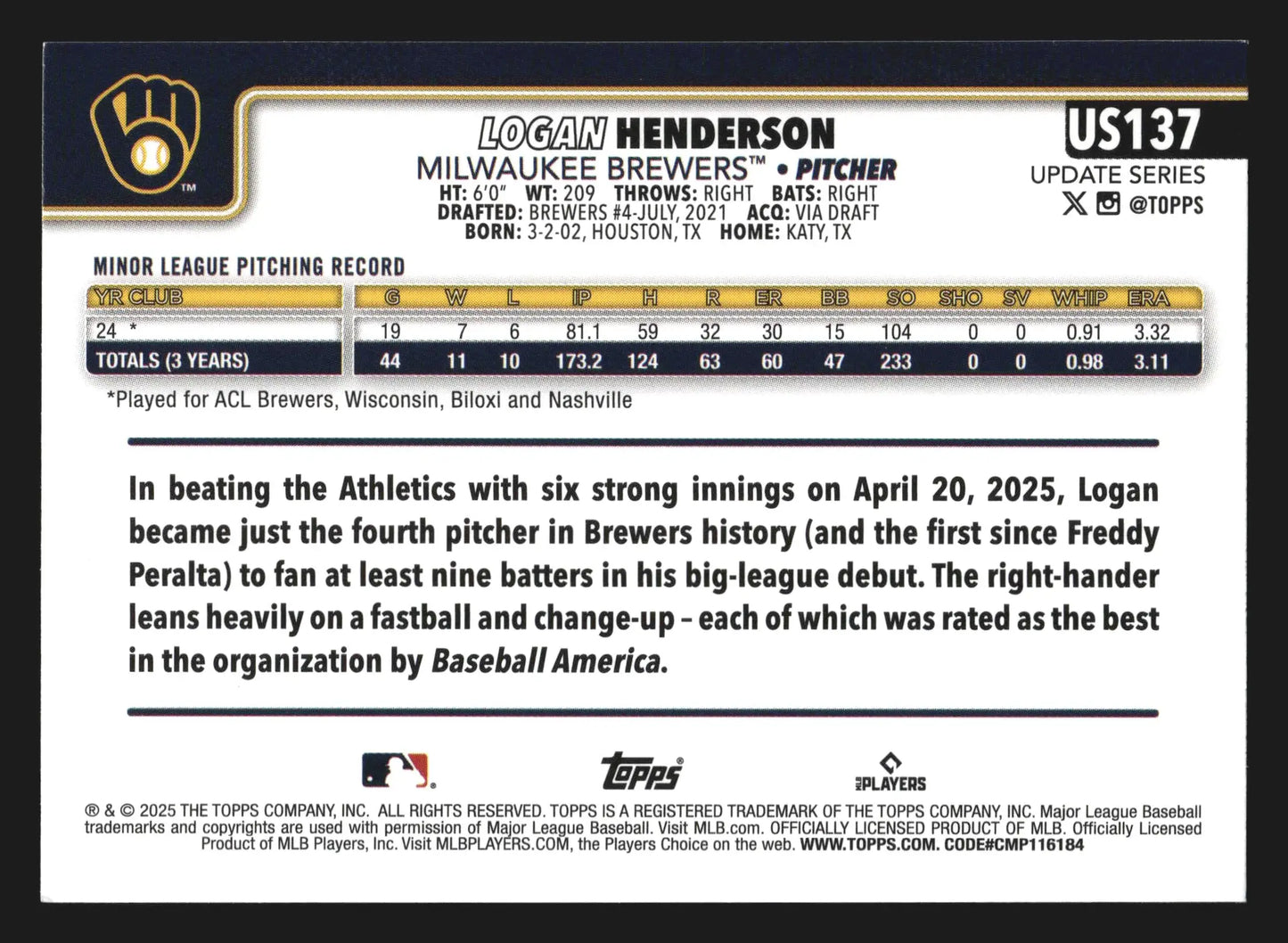 2025 Topps Update #US137 Logan Henderson RC Milwaukee Brewers - Baseball Card Single
