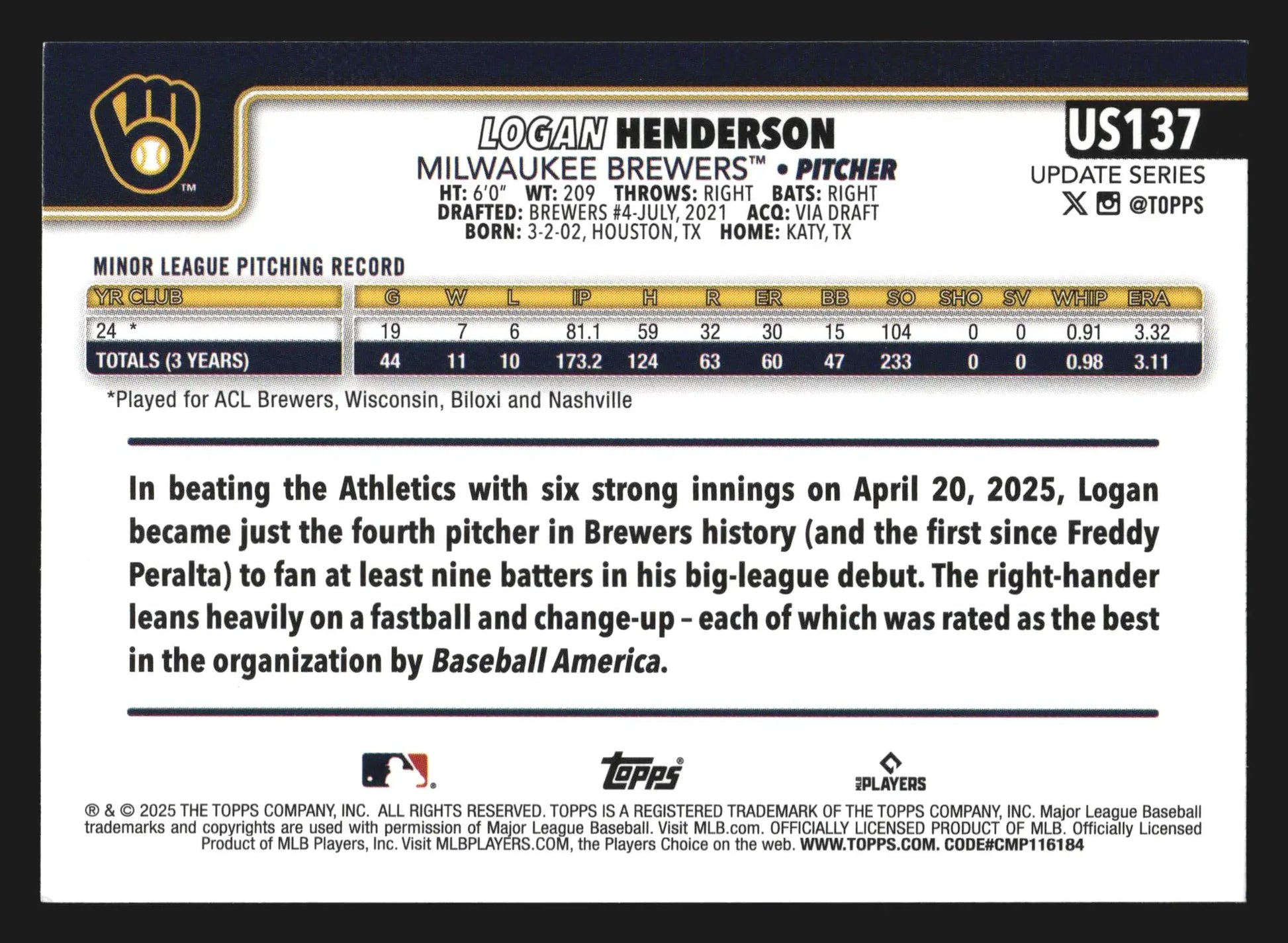 2025 Topps Update #US137 Logan Henderson RC Milwaukee Brewers - Baseball Card Single