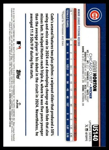 2025 Topps Update #US140 Cade Horton NM-MT RC Rookie Cubs ID:80439 - Baseball Card Single