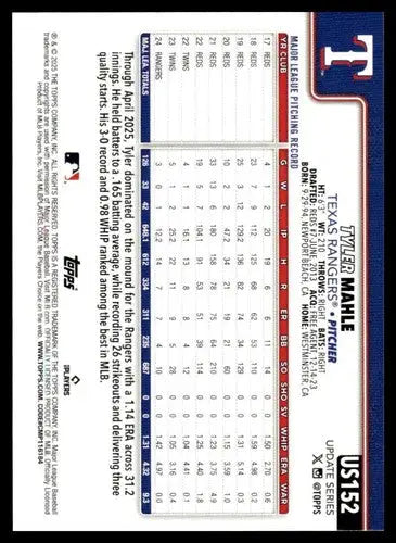 2025 Topps Update #US152 Tyler Mahle NM-MT Rangers ID:80444 - Baseball Card Single