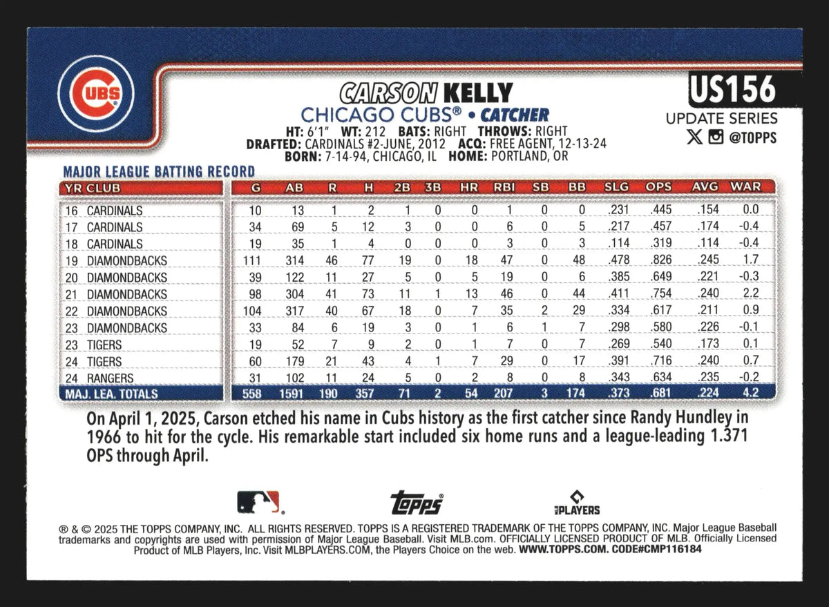2025 Topps Update #US156 Carson Kelly Sand Glitter Foil Chicago Cubs - Baseball Card Single