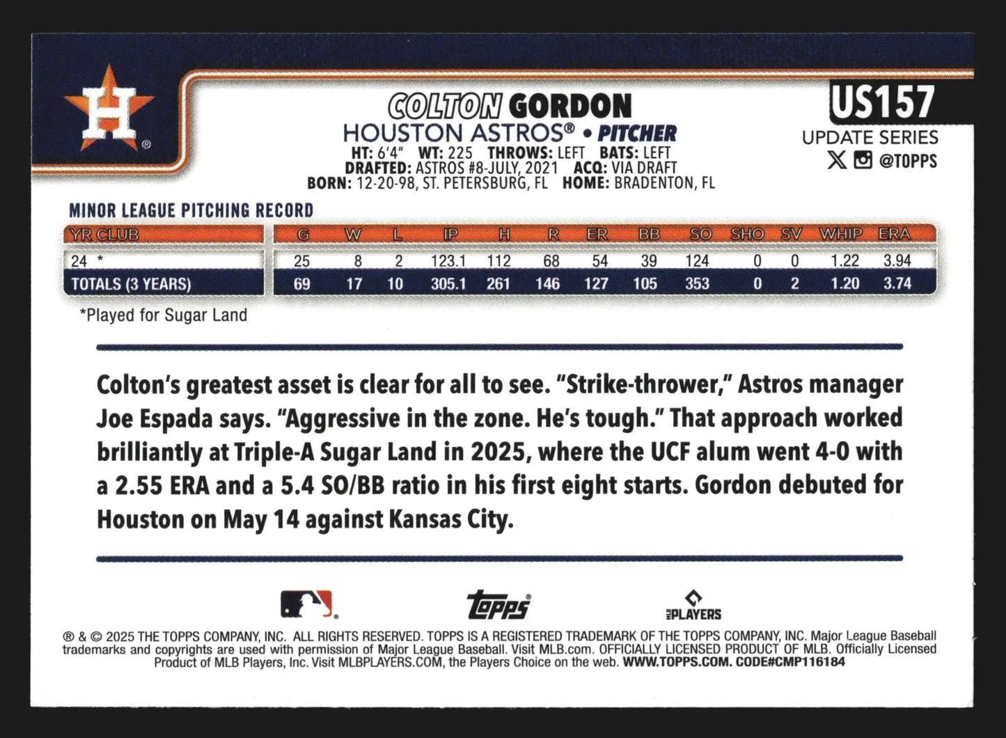 2025 Topps Update #US157 Colton Gordon Astros RC - Baseball Card Single