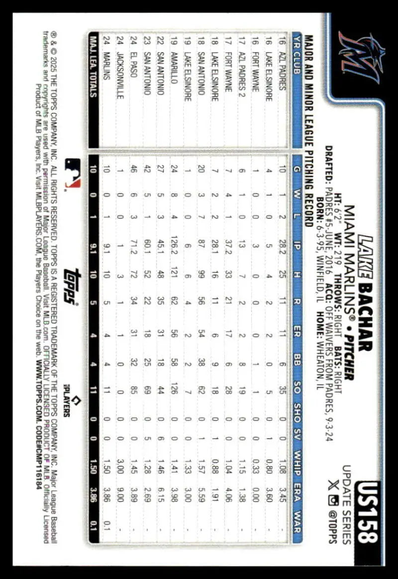 2025 Topps Update #US158 Lake Bachar NM-MT RC Rookie Marlins ID:80446 - Baseball Card Single
