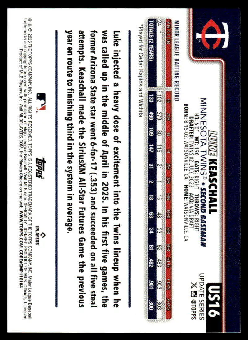 2025 Topps Update #US16 Luke Keaschall NM-MT RC Rookie Twins ID:80396 - Baseball Card Single