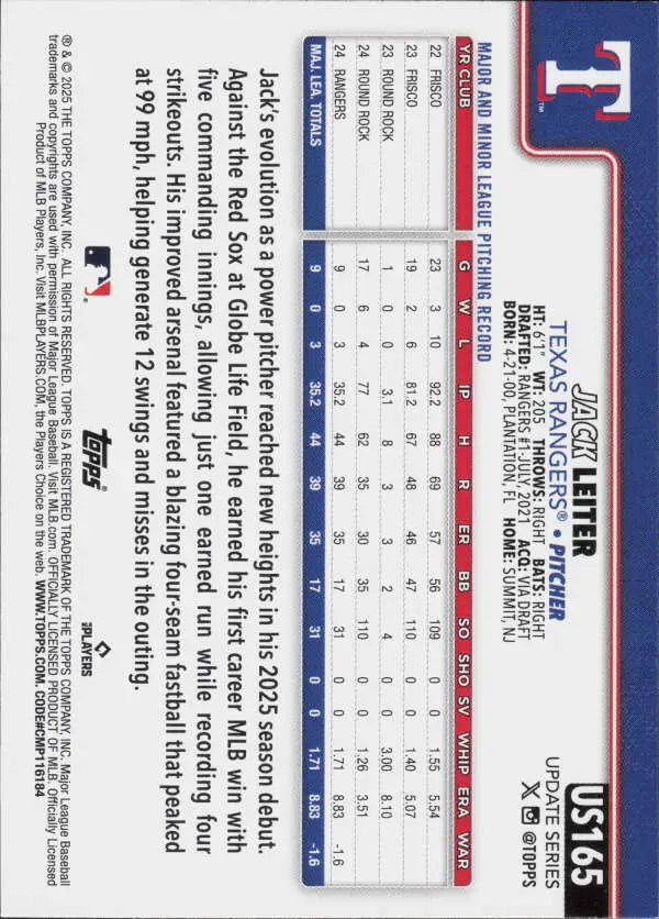 2025 Topps Update #US165 Jack Leiter NM-MT Rangers ID:80448 - Baseball Card Single