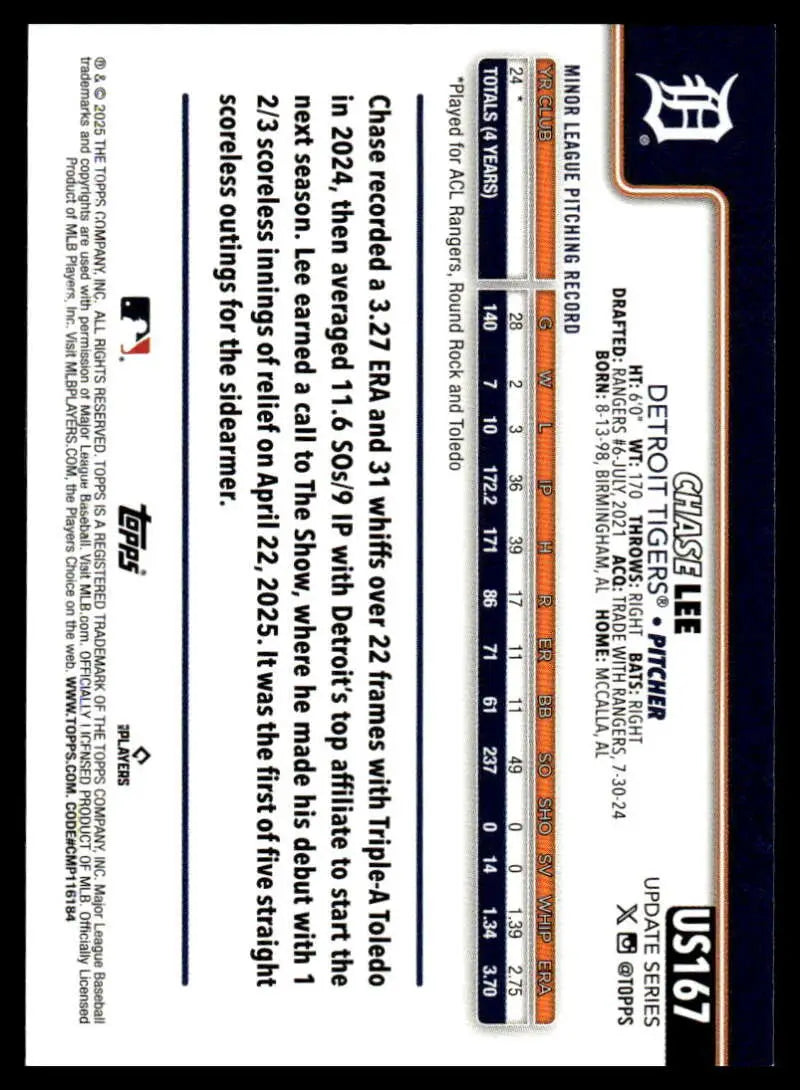 2025 Topps Update #US167 Chase Lee NM-MT RC Rookie Tigers ID:80449 - Baseball Card Single