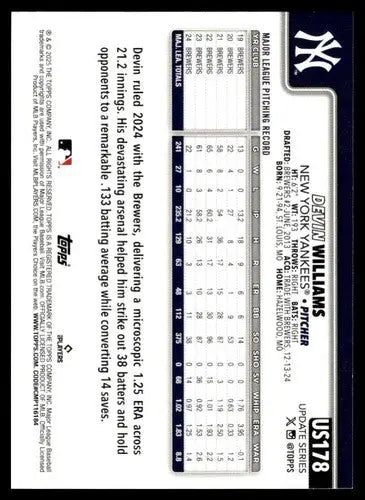 2025 Topps Update #US178 Devin Williams NM-MT Yankees ID:80025 - Baseball Card Single