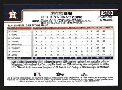 2025 Topps Update #US183 Bryan King Astros RC - Baseball Card Single