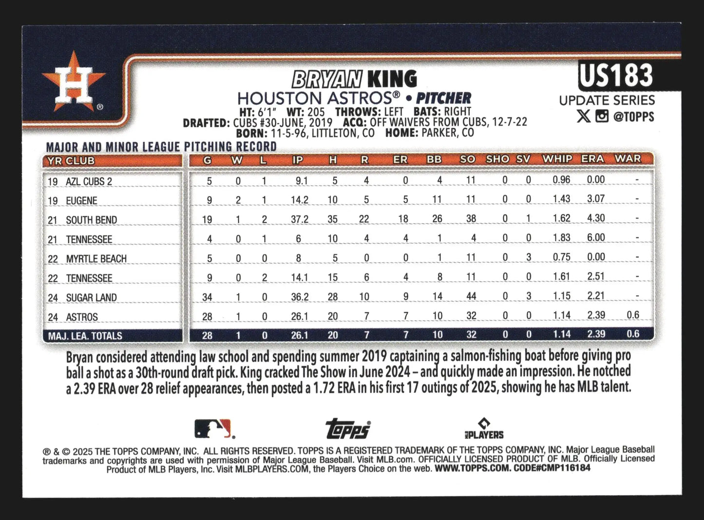 2025 Topps Update #US183 Bryan King Astros RC - Baseball Card Single
